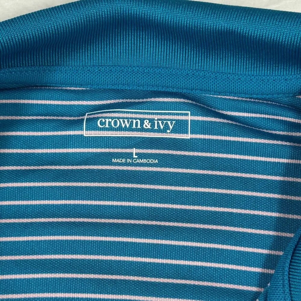 Crown & Ivy Men's L Striped Long Sleeve Pique Performance Polo Shirt Blue‎ White
